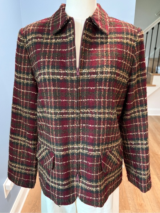 Sag Harbor Jackets & Blazers - Sag Harbor Vintage Plaid Tweed Jacket Size 10 Burgundy Green Tartan Zip Front